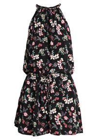 Svart ärmlös blommig klänning med halterneck, insvängd midja och mönster av rosa, vita och gröna blommor, över knä-längd.
