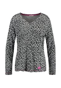Long-sleeve gray T-shirt with black leopard print, V-neck design, and pink accent near the hem. Soft fabric with a relaxed fit.