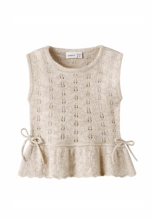 Top beige senza maniche in maglia con motivo in pizzo, scollo rotondo, orlo arricciato e fiocchi laterali annodati, adatto per bambini di età compresa tra 1 e 2 anni.