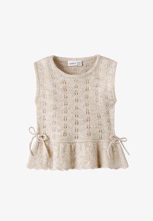 Haut en tricot beige sans manches avec motif en dentelle, encolure ronde, ourlet à volants et nœuds latéraux noués, adapté aux enfants de 1 à 2 ans.