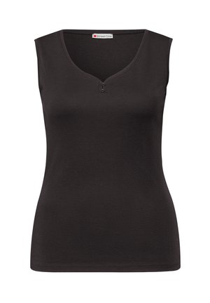 Black sleeveless top made from soft fabric, featuring a V-neckline and two decorative buttons at the front. Smooth, fitted design.