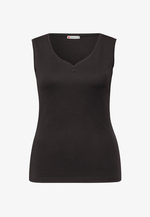 Haut sans manches noir en tissu doux, avec un décolleté en V et deux boutons décoratifs à l'avant. Design lisse et ajusté.