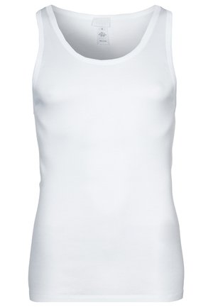 Weißes Baumwoll-Top mit rundem Ausschnitt, breiten Trägern und glatter Textur. Schlichtes Design ohne Muster oder Akzente.