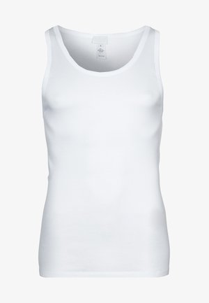 Weißes Baumwoll-Top mit rundem Ausschnitt, breiten Trägern und glatter Textur. Schlichtes Design ohne Muster oder Akzente.