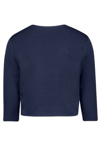 Pull court bleu marine à manches longues, en maille côtelée. Design simple et uni avec un col large.