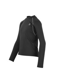 Rash guard noir à manches longues en tissu extensible. Présente un col rond et des coutures grises contrastantes pour un détail supplémentaire.