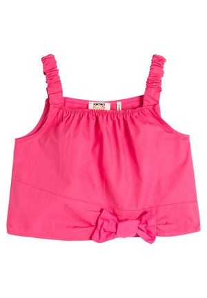 Jasnoróżowy, bezrękawnik dziewczęcy z marszczonymi ramiączkami i materiałową kokardą na dole na środku. Metka zawiera napis "Koton Kids."