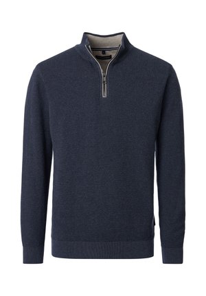 Maglione pullover navy con un motivo a maglia testurizzato, colletto rialzato e chiusura a metà zip sul davanti. Presenta polsini e orlo a coste.