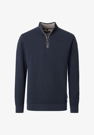 Maglione pullover navy con un motivo a maglia testurizzato, colletto rialzato e chiusura a metà zip sul davanti. Presenta polsini e orlo a coste.