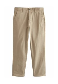 Beige katoenen broek met een rechte pasvorm, voorzien van twee zijzakken en een knoopsluiting in de taille. Gladde textuur, eenvoudig ontwerp.