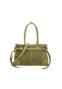 Borsa in pelle verde oliva con finitura in suede testurizzato, due manici superiori, tracolla rimovibile e dettagli decorativi con fibbia.