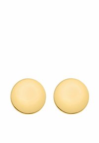 Pendientes de botón circulares en tono dorado con una superficie lisa y brillante y un acabado pulido. Diseño minimalista, sin adornos.