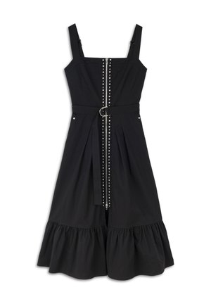 Abito nero con scollatura quadrata, spalline regolabili, apertura con zip frontale, borchie decorative, vita elasticizzata con cintura e orlo a balze svasato.
