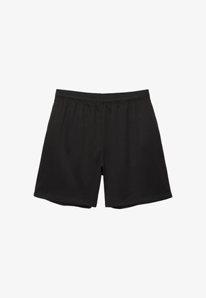 Black athletic shorts made of breathable mesh fabric with an elastic waistband, featuring a loose fit and no visible patterns or accents.