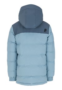 Dicke Jacke in Hellblau und Dunkelblau mit Kapuze, elastischen Bündchen und einem horizontalen Farbblockdesign. Markenlogo auf der Schulter.
