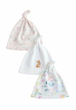 Three baby hats: a pink floral hat, a white hat with a bunny embroidery, and a white hat featuring a pastel floral pattern, all with knotted tops.