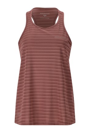 Hihaton urheilu-toppi pölyisen ruusunvärisessä sävyssä, jossa on vaakaraitoja, valmistettu hengittävästä kankaasta, pyöreällä kaula-aukolle ja urheilulliselle selkädesignille.