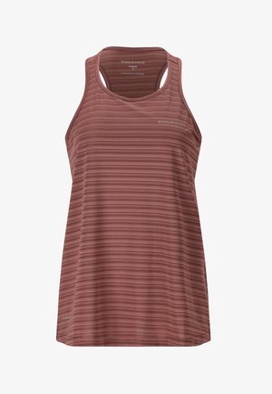 Hihaton urheilu-toppi pölyisen ruusunvärisessä sävyssä, jossa on vaakaraitoja, valmistettu hengittävästä kankaasta, pyöreällä kaula-aukolle ja urheilulliselle selkädesignille.