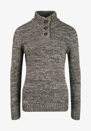 Kootud sviiter, millel on kõrge kaelus, kolm pruuni nuppu ja tekstuuriline muster halli ja pruuni tooni.