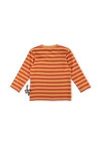 Langärmliges Hemd mit horizontalen orange- und gelbgestreiften Mustern, Rundhalsausschnitt, weichem Baumwollstoff und einem dekorativen Flugzeugelement an der Seite.