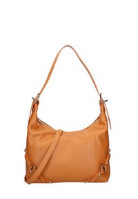 Borsa a tracolla in pelle color tan con una forma arrotondata, un'unica tracolla e dettagli decorativi in metallo. Texture liscia con chiusura a zip.