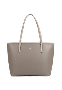 Taupe smooth leather tote bag with two adjustable shoulder straps and small white "Lancaster Paris" logo on front.