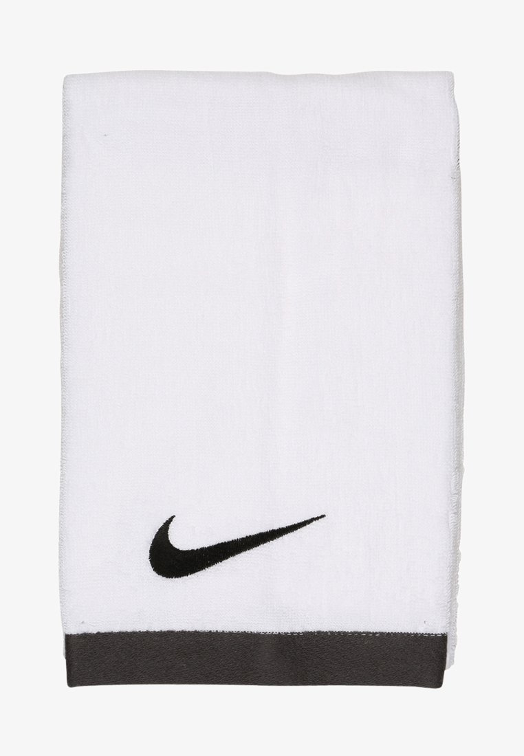 Bela bombača brisača z črnim logotipom Nike na spodnjem robu in sivo akcentno črto. Tkanina je mehka in puhasta.