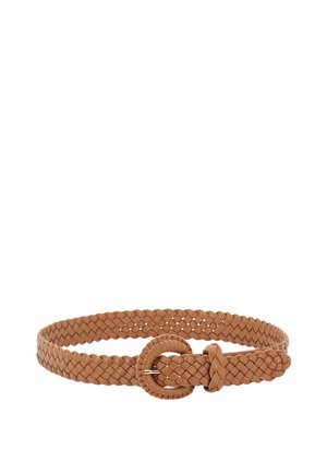 Tan braided leather belt with round braided buckle and metal pin, coiled in a circular shape on white background.
