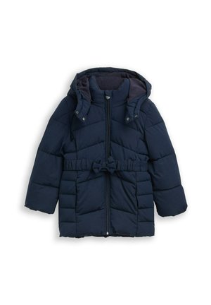 Dunkelblauer, gepolsterter Wintermantel mit Kapuze, Frontreißverschluss, verstellbarem Gürtel und zwei Fronttaschen, entworfen für Kinder.