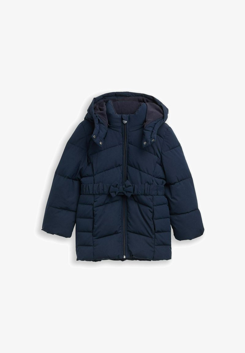 Tumši zils pufīgs ziemas mētelis ar kapuci, priekšējo rāvējslēdzēju, regulējamu jostu un divām priekšējām kabatām, paredzēts bērniem.