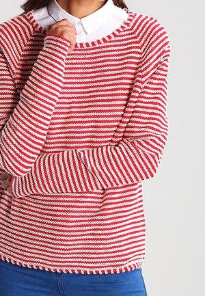 Person iført en rød- og hvidstribet striktrøje over en hvid skjorte med krave og blå jeans, med armene krydset og hånden nær hagen.