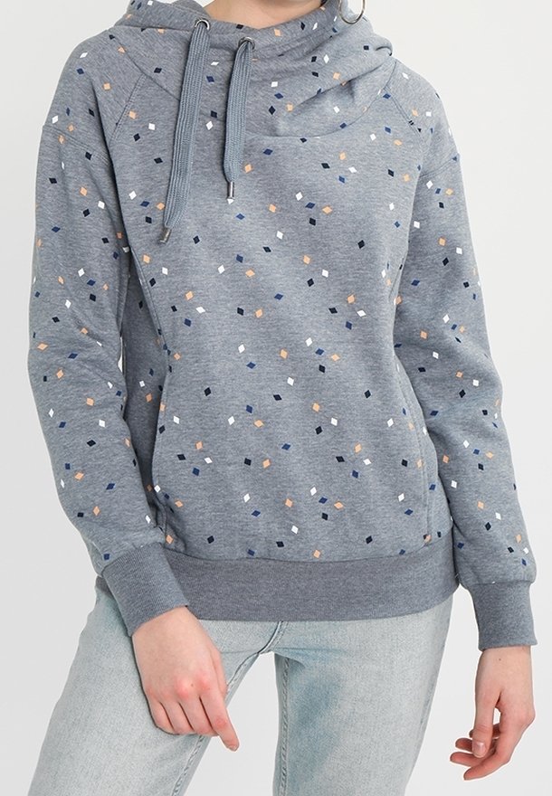 Felpa grigia con cappuccio, caratterizzata da un motivo sparso di piccoli quadrati colorati in blu, arancione e bianco. Tessuto morbido e polsini a coste.