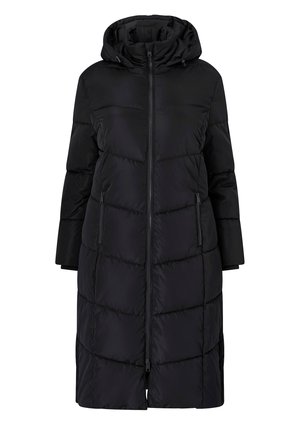 Sort puffers jakke med hætte, som har lynlås, to sidelommer og stitchede vandrette paneler. Glat, isoleret stof.