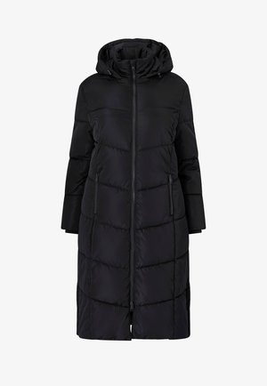 Cappotto puffer nero con cappuccio, caratterizzato da una chiusura con zip, due tasche laterali e pannelli orizzontali cuciti. Tessuto liscio e isolante.