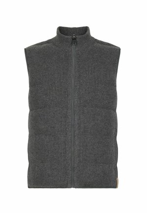 Gilet senza maniche grigio scuro in maglia con zip sul davanti e colletto alto, caratterizzato da una texture a coste e trapuntata.