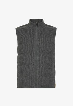 Mörkgrå ärmlös stickad väst med frontdragkedja och hög krage, med ribbad och kviltad textur.
