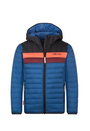 Kinder Steppjacke in Blau mit schwarzer Kapuze, orangenen und kastanienbraunen Bruststreifen, Frontreißverschluss und seitlichen Reißverschlusstaschen.