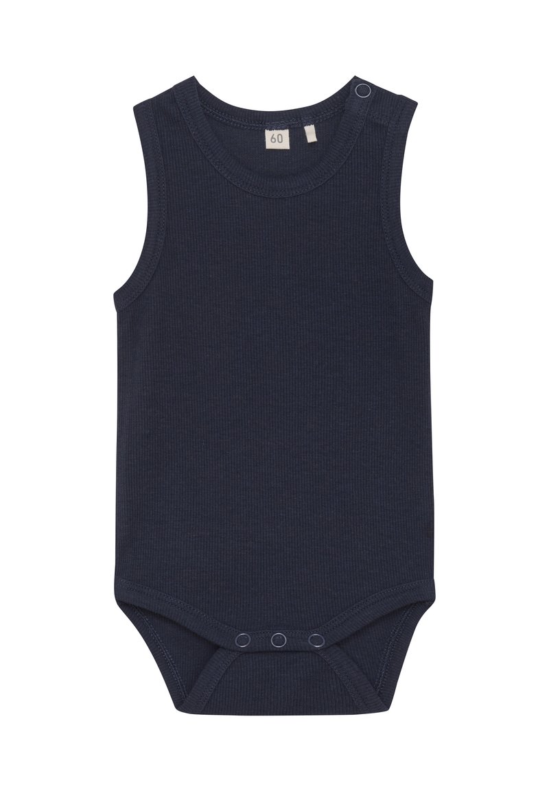 Mørkeblå, ærmeløs baby body lavet af ribbet materiale. Har trykknapper ved skulderen og tre knapper i bunden for nem påklædning.