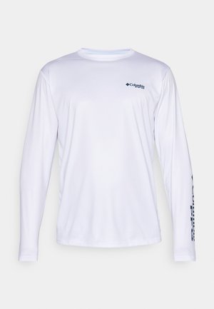 Long-sleeve white shirt made of lightweight fabric, featuring a navy blue logo on the chest and text along the sleeve.