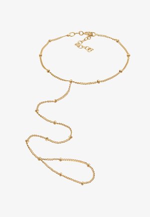 Halskette aus Gold mit miteinander verbundenen Gliedern, die in regelmäßigen Abständen runde Perlen aufweist, sowie einem sicheren Verschluss mit verstellbarem Verlängerungselement.