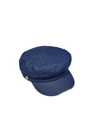 Denim blue fisherman's cap with a short brim and a silver button detail on the side, displayed against a white background.
