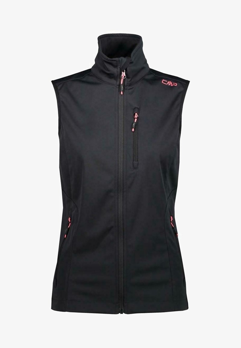 Gilet sans manches noir en softshell avec col montant, poches zippées à l'avant et sur la poitrine, tirettes de fermeture éclair roses et logo rose sur l'épaule.