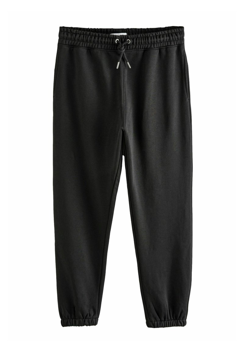 Sorte sweatpants lavet af blødt stof, med elastisk talje og snor. Ribstrikkede kant, lige ben design, uden lommer.