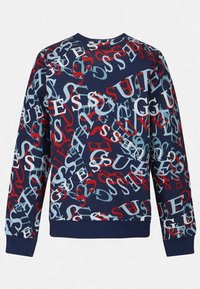 Marineblauwe sweatshirt met een dynamisch patroon van overlappende letters in wit, rood en lichtblauw. Ronde hals en geribbelde manchetten.