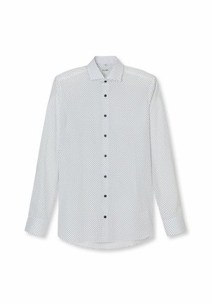 Weißes Langarmhemd mit kleinem schwarzen Punktmuster, Button-Down-Kragen, Vorderknopfverschluss und abgerundetem Saum. Glatte Stoffoberfläche.
