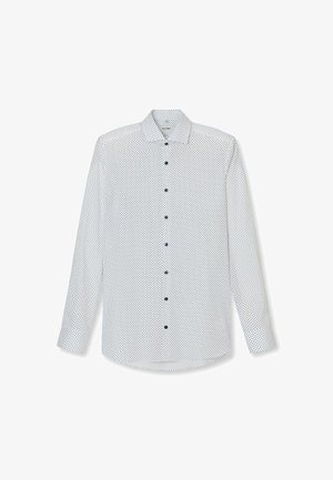 Weißes Langarmhemd mit kleinem schwarzen Punktmuster, Button-Down-Kragen, Vorderknopfverschluss und abgerundetem Saum. Glatte Stoffoberfläche.