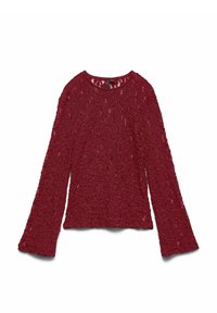 Czerwona teksturowana bluzka z długim rękawem, z okrągłym dekoltem i rozszerzanymi rękawami, wykonana z lekkiego, wzorzystego materiału.
