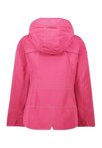 Pink waterproof jacket made of lightweight fabric, featuring a hood, stitching accents, and a slightly curved hem at the back.