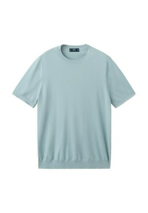 Pull en maille bleu clair à manches courtes avec col rond et ourlet et poignets côtelés, présenté à plat sur un fond blanc.