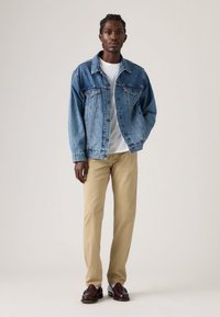 Τζιν μπουφάν σε ανοιχτό μπλε, μακριά μανίκια, κουμπωτό κλείσιμο· συνδυασμένο με λευκό μπλουζάκι, μπεζ παντελόνι και μπορντό μοκασίνια. Ουδέτερο φόντο.